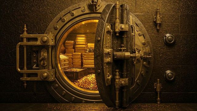 Open bank vault revealing stacks of gold bars and loose coins radiating warm golden glow