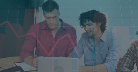 Team Reviewing Data with Overlapping Growth Chart Graph in Background