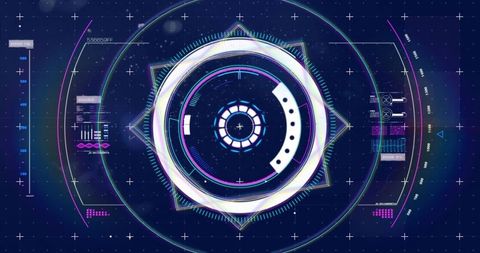 Rotating Neon HUD Multi-Ring Target Display With Side Data Panels, Futuristic Cyberspace