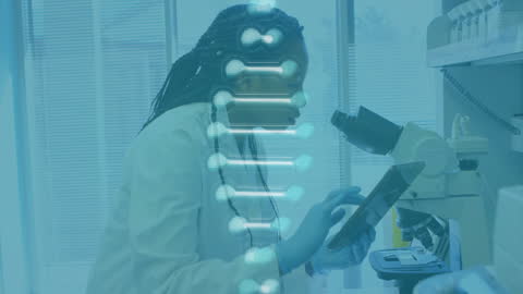 African American Scientist Analyzing Data with DNA Overlay in Laboratory