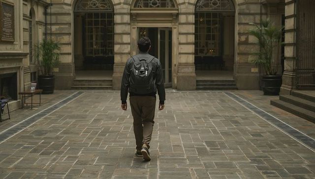 Walking man with backpack in historic courtyard with stone tiles, arches and planters