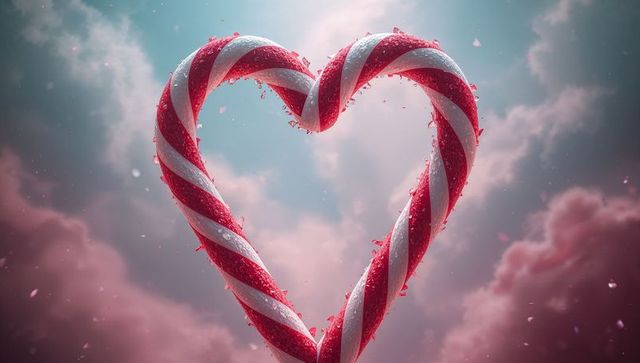 Heart-shaped candy cane sculpture in dreamy sky with sugar crystals