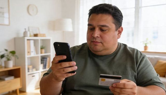 Adult man checking smartphone and credit card on cozy minimalist living room sofa