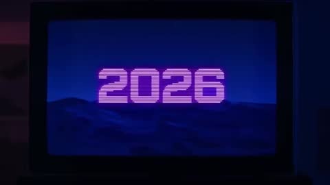 Retro CRT TV Displaying Neon 2026 Scanline Over Distant Dunes — Vaporwave Night Glow