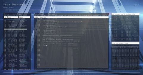 Cybersecurity terminal overlay displaying code editor, login table, IP grid and hex dump