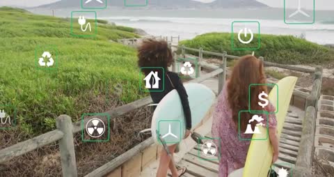 Beach Adventure of Surfers Enhanced by Virtual Interface