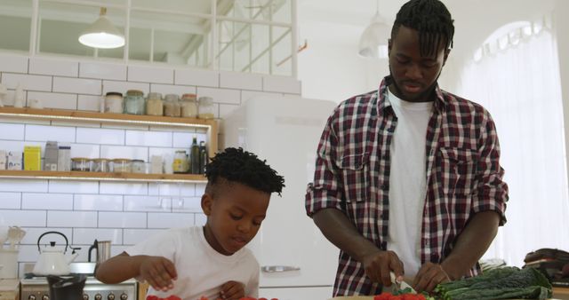 Father and son preparing vegetable salad together in kitchen - Download Free Stock Images Pikwizard.com