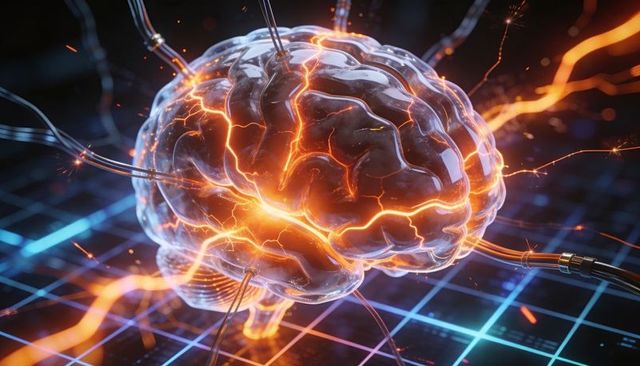 Translucent brain with electric neural arcs and fiber connectors over neon grid