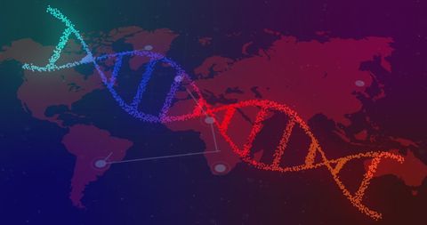 DNA Helix with Global Connections on World Map Background