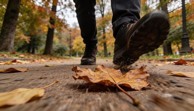 Scuffed boot kicking fallen leaf on park pathway autumn action close-up ground-level