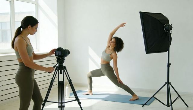 Filming yoga instructor demonstrating dynamic side lunge in bright minimalist studio