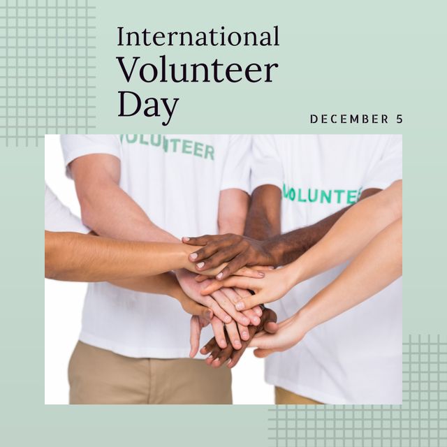 Composition of international volunteer day text and diverse people in volunteer t-shirts. International volunteering, helping and empathy concept.
