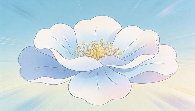Floating pastel bloom with blue-pink petals and golden stamens, minimal gradient art