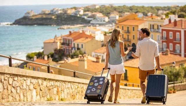 Couple walking downhill pulling suitcases through mediterranean coastal town