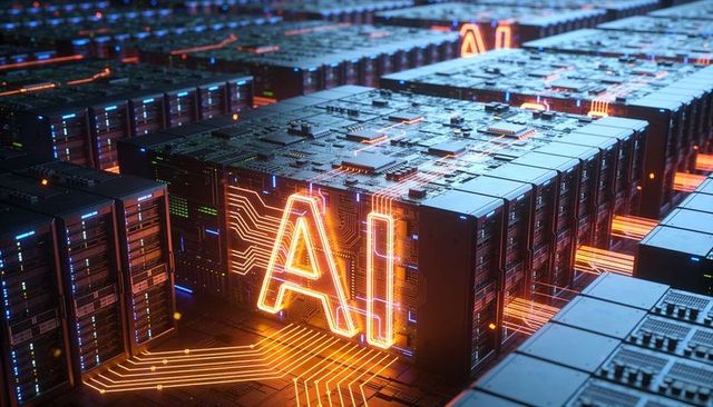 Neon ai server rack powering futuristic data center with circuit traces and glowing leds