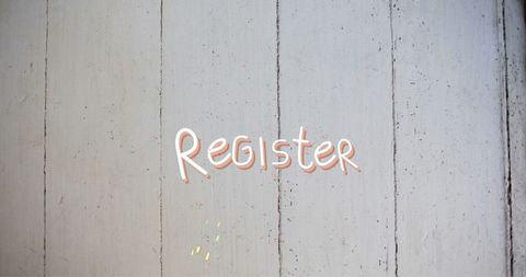 Neon sign register on white background with festive confetti highlights