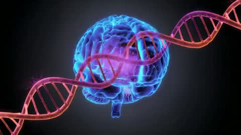 Pulsing Neon Brain with Animated DNA Strand in Dark Abstract Space
