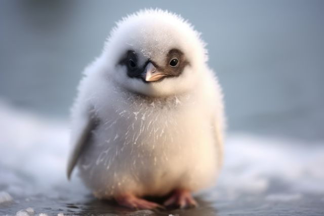 This photo captures an adorable, fluffy penguin chick standing on snow. Perfect for nature and wildlife enthusiasts, educational materials, children's books, and websites dedicated to arctic wildlife. Can also be used for promoting conservation efforts, or as a charming addition to winter-themed promotions and holiday cards.