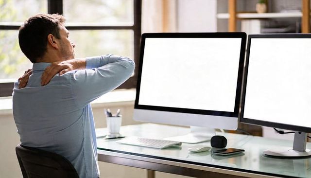 Man stretching neck at dual-monitor desk relieving office neck pain during work break