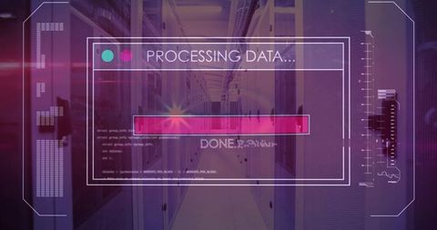 Processing data hud overlay in neon datacenter aisle with magenta progress bar