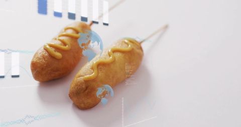 Corn dogs with mustard on skewers minimal white tabletop with blue data modern graphics