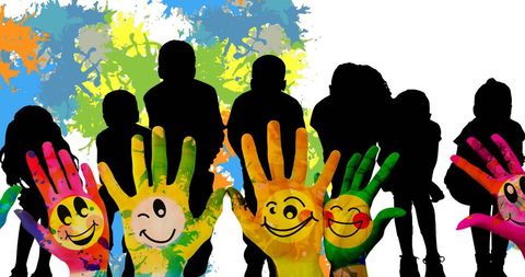 Joyful Children Silhouettes with Colorful Happy Painted Hands - Download Free Stock Images Pikwizard.com