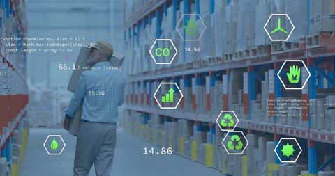 Warehouse Worker Holding Boxes with AR Logistics HUD Displaying Inventory CO2 Recycling