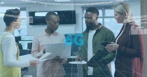 Professionals debating future of connectivity concept in modern office environment