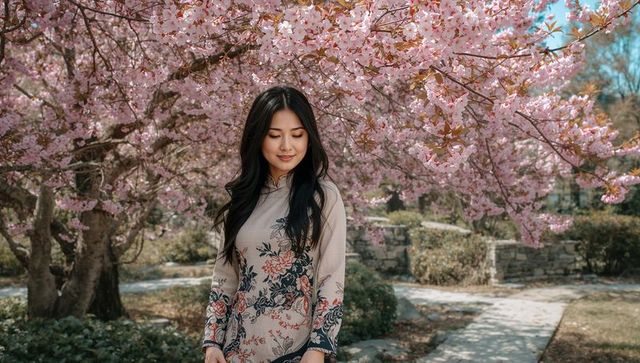 Woman admiring cherry blossoms in floral dress under blooming pink tree along garden path