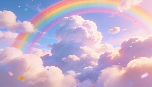 Ethereal pastel cloudscape with rainbow arch, soft sunlight and floating confetti