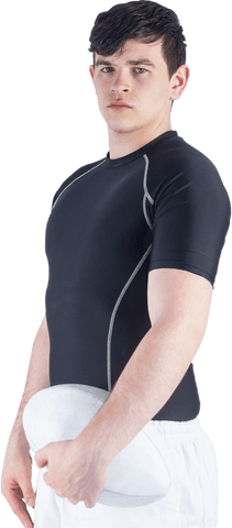 Transparent sporty male holding rugby ball with confidence