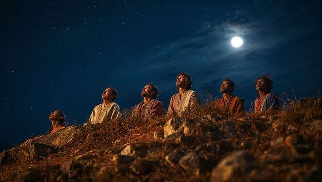 Moonlit gathering of six indian men gazing skyward on rocky hillside at night