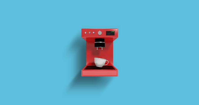 Red coffee maker dispensing into white cup on light blue background offers vibrant appeal. Great for advertising kitchen appliances, coffee shops, breakfast blogs, and lifestyle articles centered on modern and minimalist home designs.