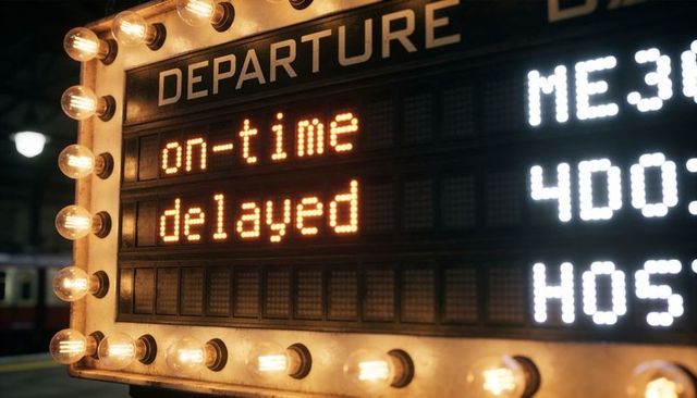Vintage departure board displaying on-time and delayed messages in warm marquee lighting