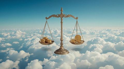 Ornate brass balance scale hovering above clouds with gold coins