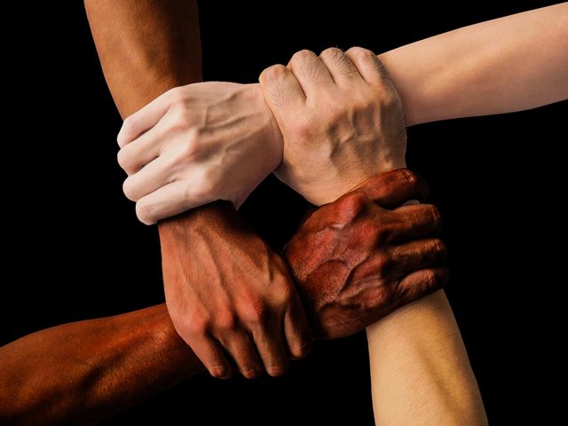 Four hands of different skin tones shown gripping each other in a display of mutual support and unity. Perfect for concepts related to teamwork, solidarity, diversity, and collaboration in workplaces, educational materials, and community projects.