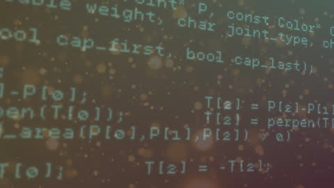 Digital Code Animation with Floating Particles on Dark Background