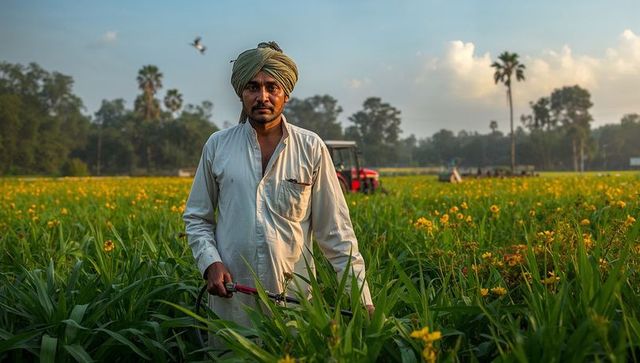Farmer in Vibrant Yellow Flower Field at Sunrise with Tractor