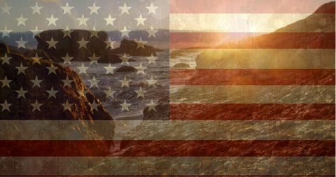 American flag blended with rocky sunset ocean
