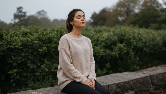 Young woman practicing mindful breathing on stone wall in green park, calm outdoor moment