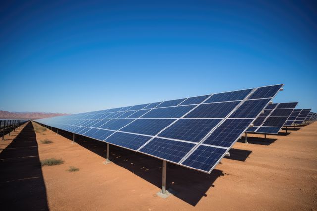 Solar panels located in a desert area with a clear blue sky above are generating renewable energy. This could be used for content related to sustainability, clean energy initiatives, solar power projects, renewable energy advancements, and desert-based solar farms.