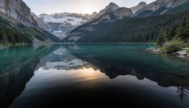 Turquoise alpine lake reflecting rugged snow-capped peaks and glacier at sunrise