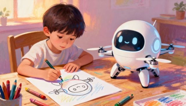 Curious boy sketching friendly companion robot with crayons at sunlit table