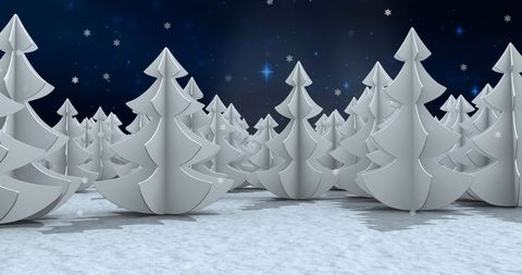 Winter Wonderland with Stylized Snowy Trees and Night Sky