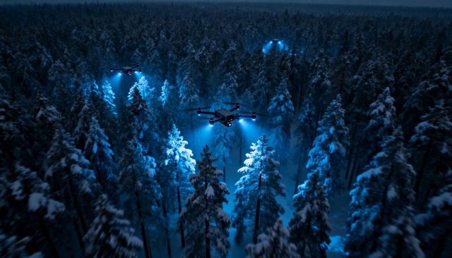 Hovering quadcopter illuminating snowy conifer forest with blue searchlights at night