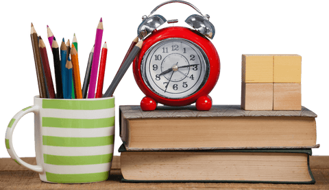 transparent education essentials: clock, books, and colored pencils - Download Free Stock Videos Pikwizard.com