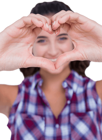Smiling woman framing heart with hands on transparent background