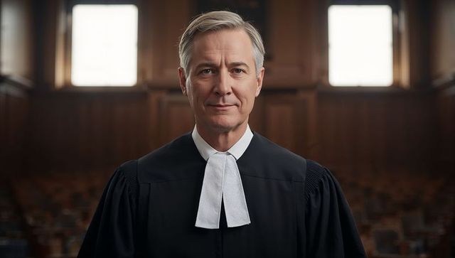 Standing mature judge wearing traditional robe and white neck bands in wood-panel courtroom