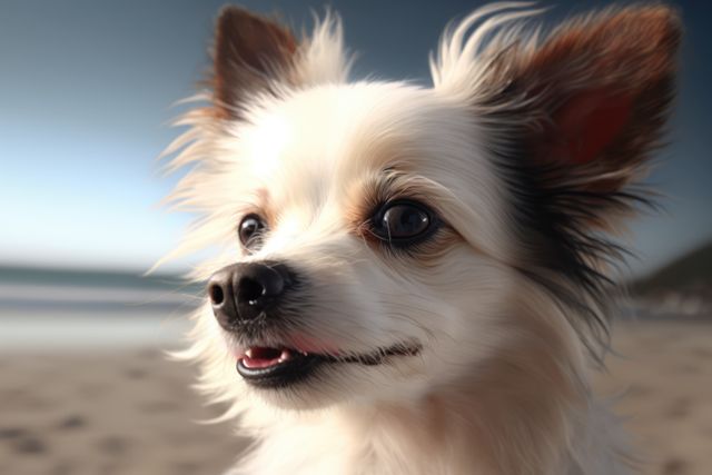 This close-up captures a small, fluffy dog relaxing on a beach with a calm ocean and clear sky in the background. Ideal for use in travel, tourism, and pet care advertising. Great for social media posts celebrating summer fun with pets, or any project requiring images of pets, relaxation, or beach vacations.