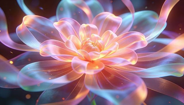 Iridescent luminous flower radiating pastel light with translucent sheer petals